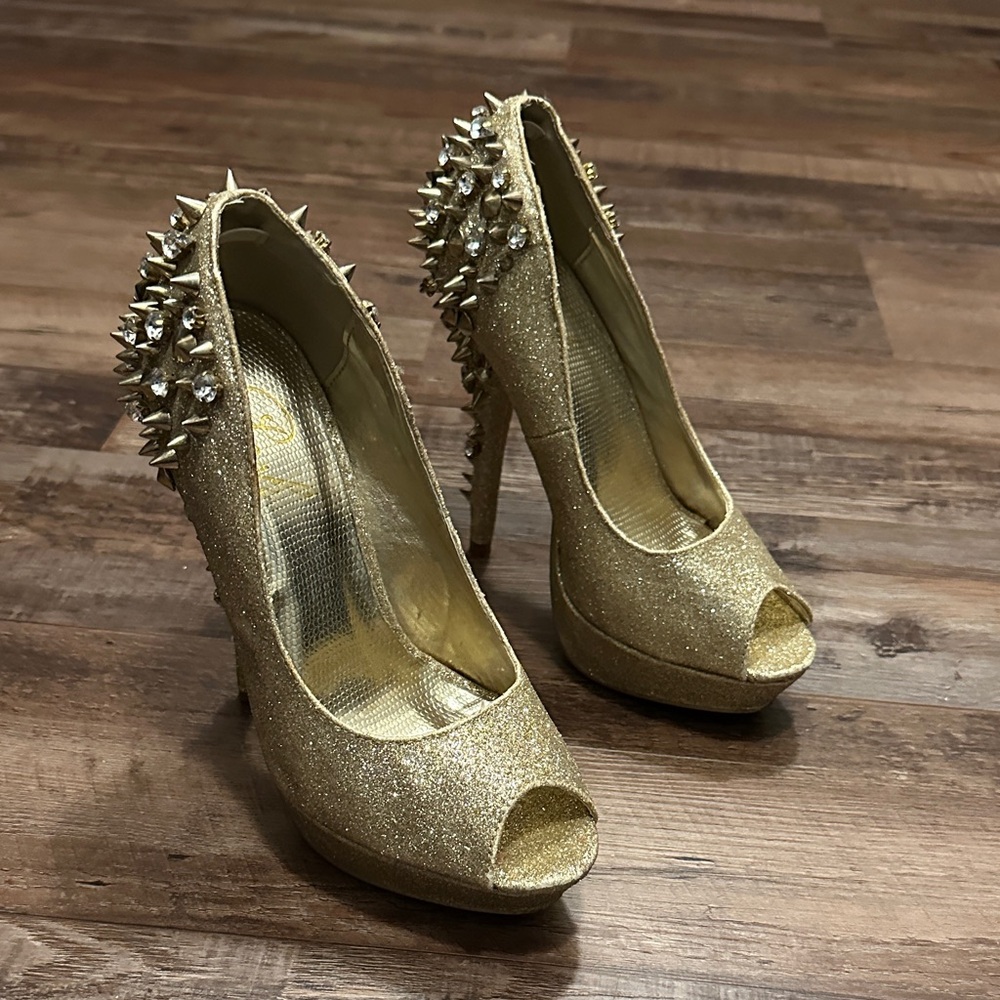 Posh Gold Glitter Spiked Heels